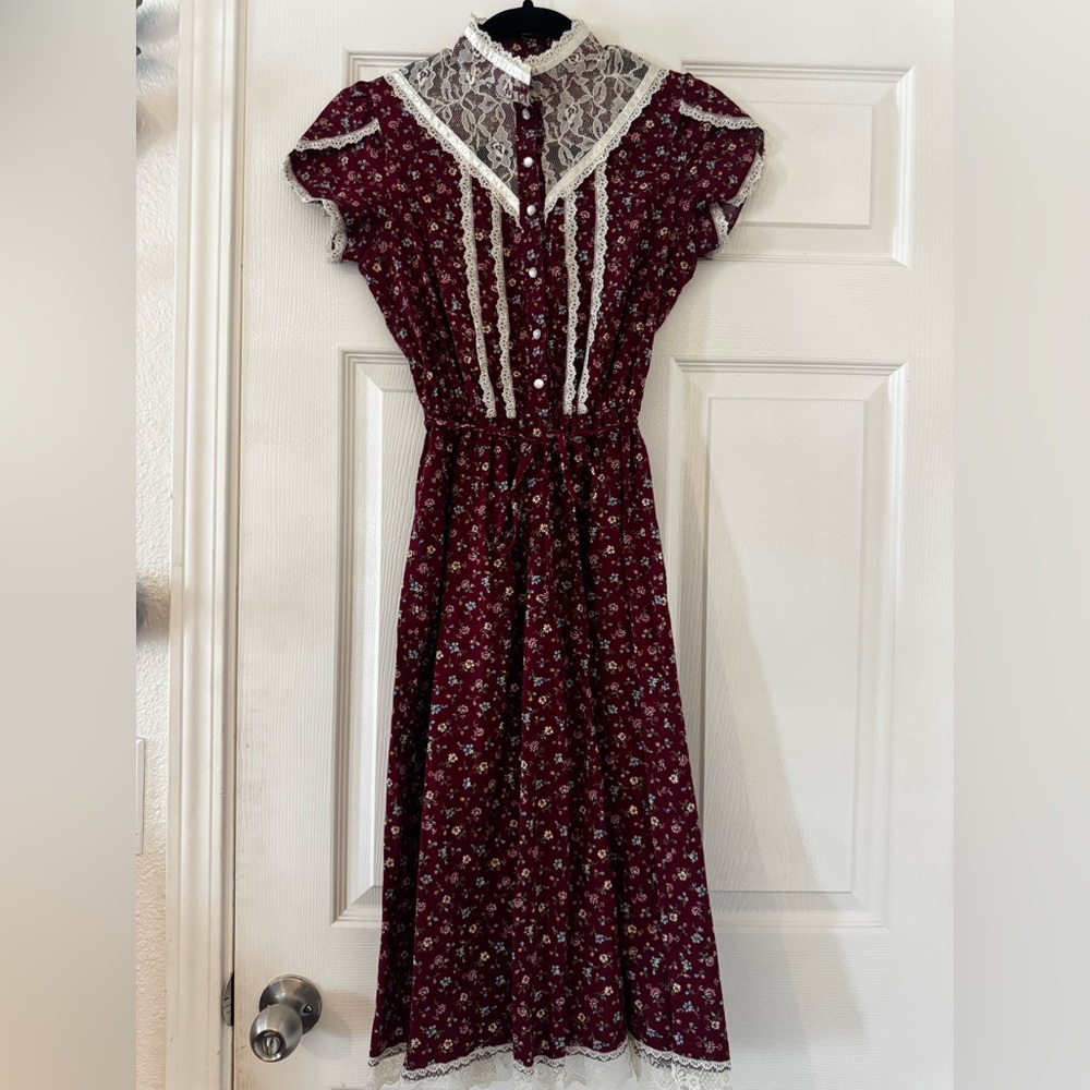 Vintage Candi Jones Burgundy Prarie Dress Lace Yoke, Victorian Cottagecore,Size5